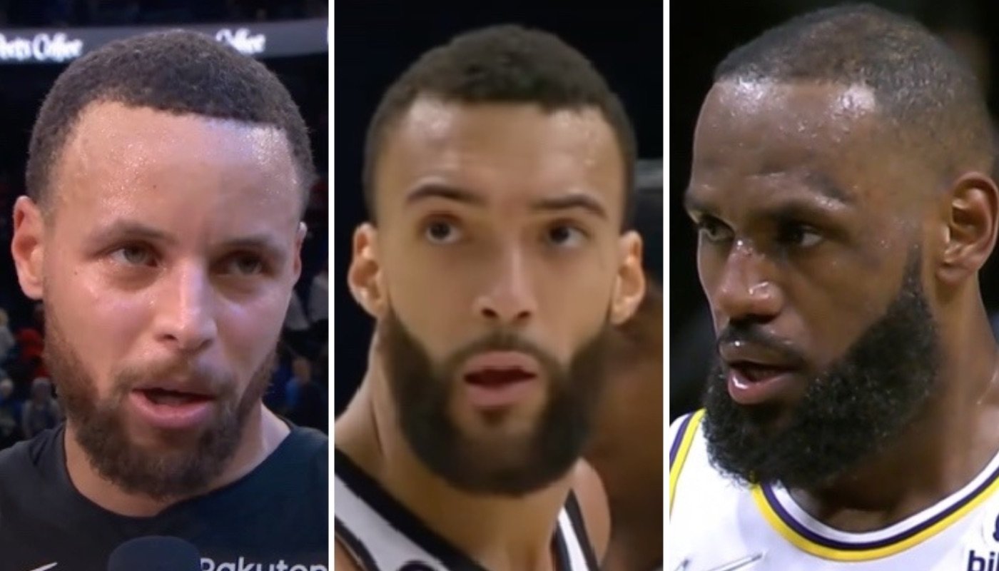 Les superstars NBA Stephen Curry (gauche), Rudy Gobert (centre) et LeBron James (droite)