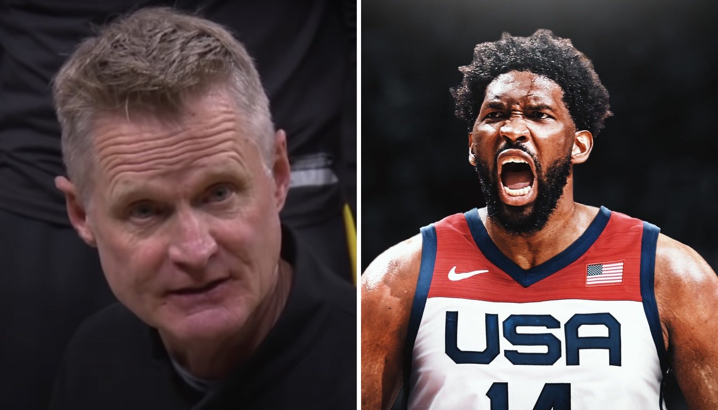 Le coach NBA et sélectionneur américain Steve Kerr (gauche) et le pivot star de Team USA Joel Embiid (droite)