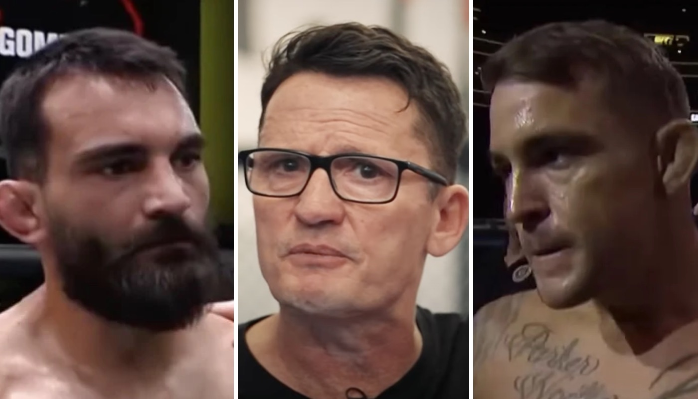 Les combattants UFC Benoît Saint-Denis (gauche) et Dustin Poirier (droite) ainsi que l'entraineur de MMA Daniel Woirin (centre)