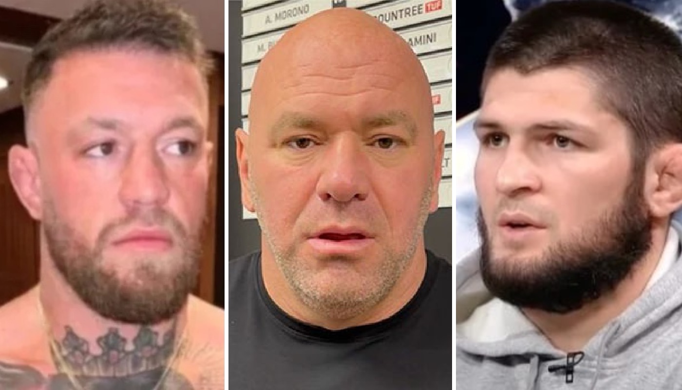 Les figures de l'UFC Conor McGregor (gauche), Dana White (centre) et Khabib Nurmagomedov (droite)