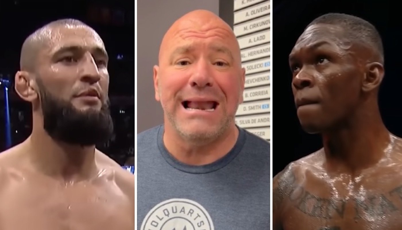 Les combattants UFC Khamzat Chimaev (gauche) et Israel Adesanya (droite) ainsi que leur patron Dana White (centre)