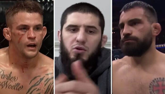 Islam Makhachev, champion des poids légers, devant les prétendants Dustin Poirier et Benoit Saint-Denis