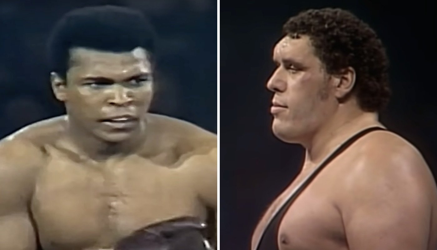 Les légendes des sports de combat Mohamed Ali (gauche) et Andre The Giant (droite)