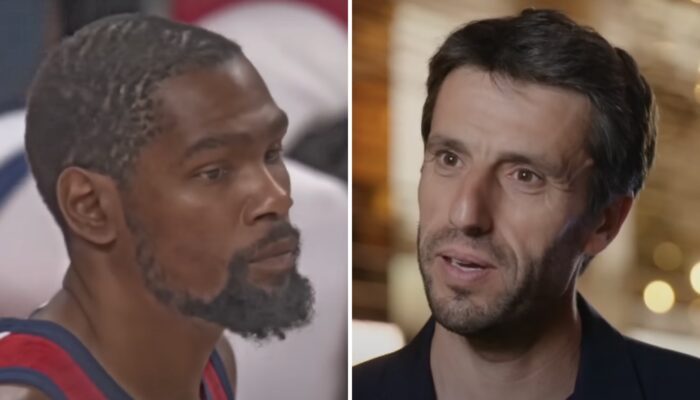 La star NBA Kevin Durant (gauche), ici sous les couleurs de Team USA, et le président du Comité d'organisation des Jeux olympiques de Paris 2024, Tony Estanguet (droite)