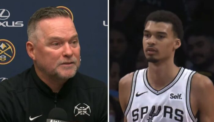 Le coach NBA des Denver Nuggets, Michael Malone (gauche) et le joueur français Victor Wembanyama (droite)