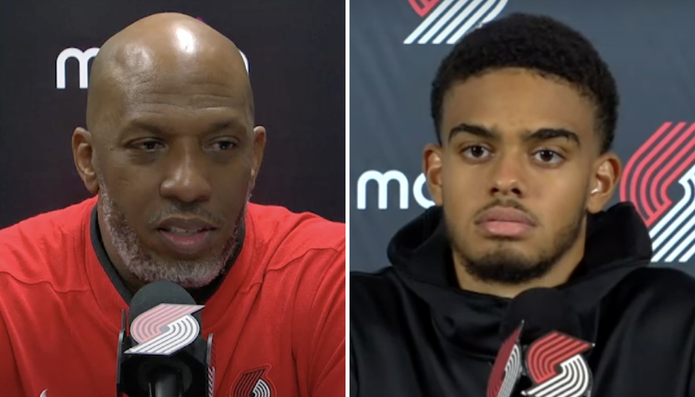 Le coach NBA des Portland Trail Blazers, Chauncey Billups (gauche) et son joueur français Rayan Rupert (droite)