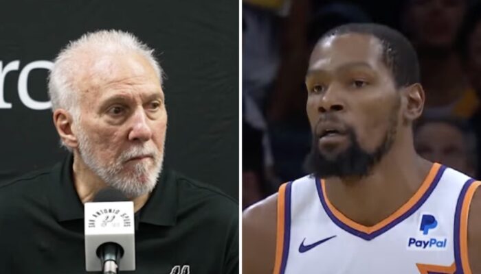 L'entraineur NBA des San Antonio Spurs, Gregg Popovich (gauche) et la star des Phoenix Suns, Kevin Durant (droite)