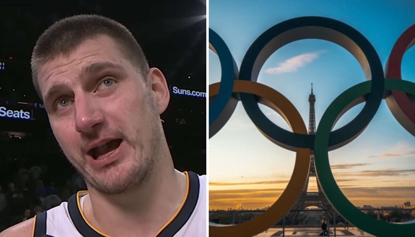 La superstar NBA serbe Nikola Jokic (gauche) et les anneaux olympiques devant la Tour Eiffel (droite)