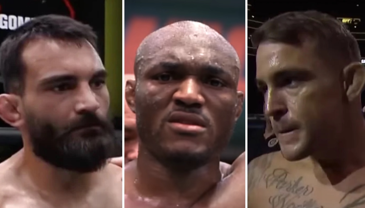 Les combattants UFC Benoît Saint-Denis (gauche), Kamaru Usman (centre) et Dustin Poirier (droite)