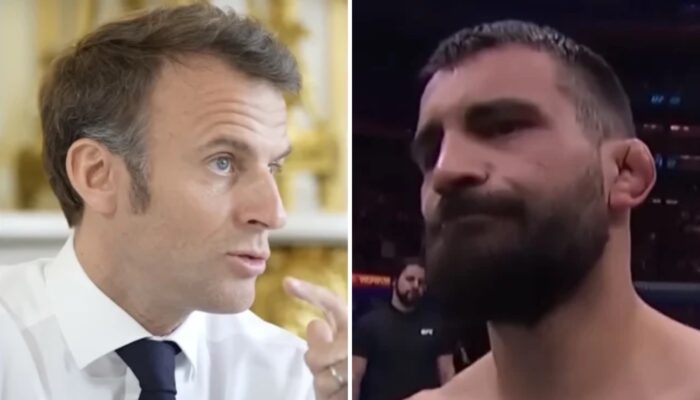 Le président de la République français Emmanuel Macron (gauche) et le combattant UFC Benoît Saint-Denis (droite)