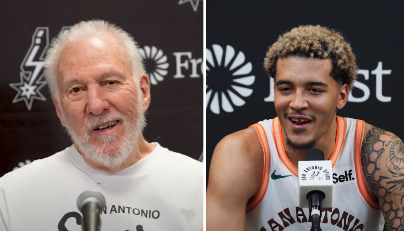 Gregg Popovich et Jeremy Sochan en conférence de presse pour les Spurs