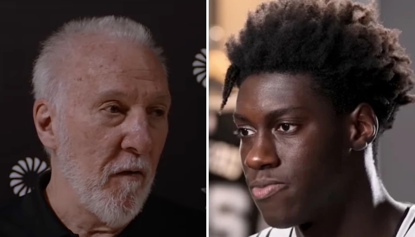 L'entraineur NBA des San Antonio Spurs, Gregg Popovich (gauche) et l'ailier français Sidy Cissoko (droite)