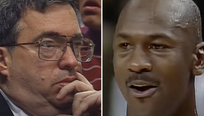 L'ancien general manager des Chicago Bulls, Jerry Krause (gauche) et la légende NBA Michael Jordan (droite)