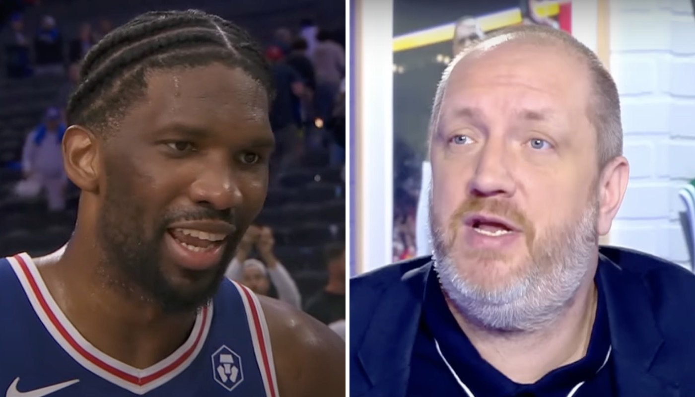 La superstar NBA des Philadelphia 76ers, Joel Embiid (gauche) et l'ancien international français Frédéric Weis (droite)