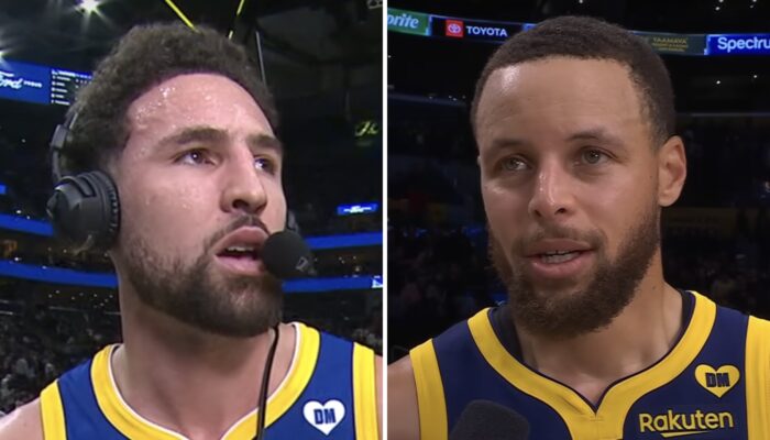 Les stars NBA des Golden State Warriors, Klay Thompson (gauche) et Stephen Curry (droite)