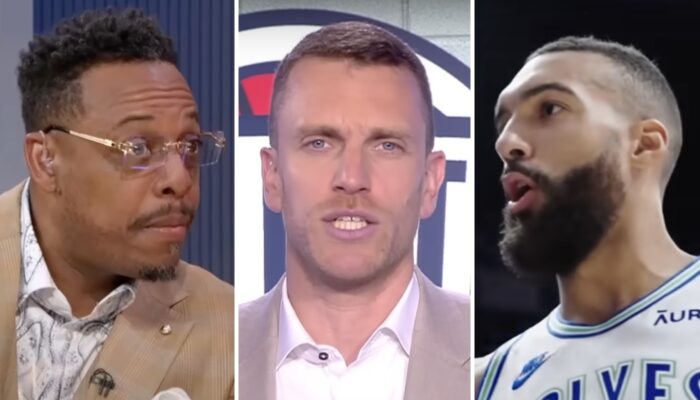 La légende NBA Paul Pierce (gauche), le journaliste français Rémi Reverchon (centre) et le pivot des Minnesota Timberwolves, Rudy Gobert (droite)