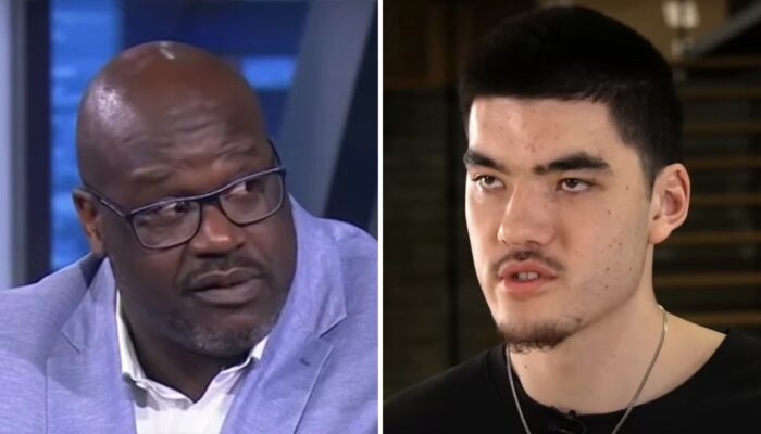 La légende NBA Shaquille O'Neal (gauche) et la star NCAA Zach Edey (droite)