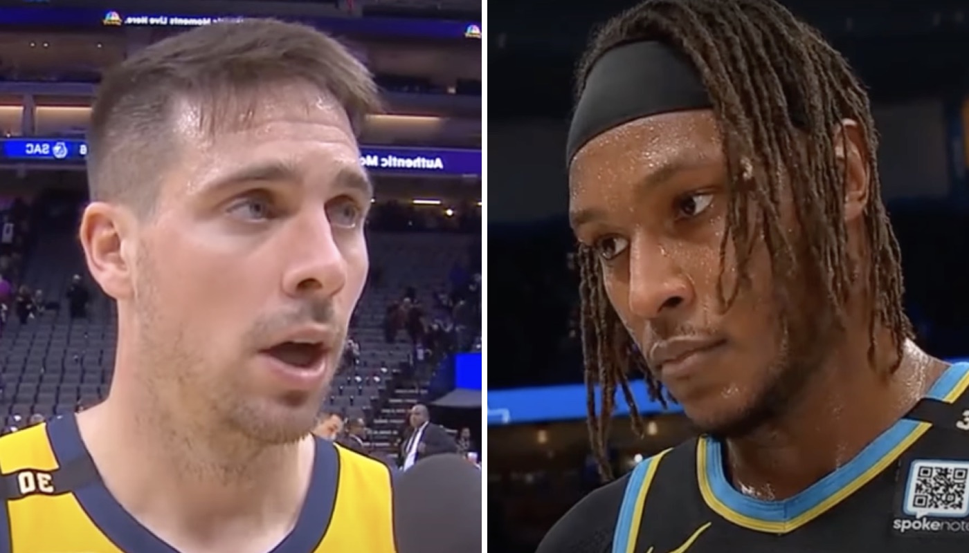 Les joueurs NBA des Indiana Pacers, T.J. McConnell (gauche) et Myles Turner (droite)