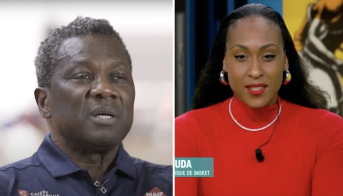 Jean-Aimé Toupane, sélectionneur de l'équipe de France, et Sandrine Gruda, meilleure marqueuse des Bleues