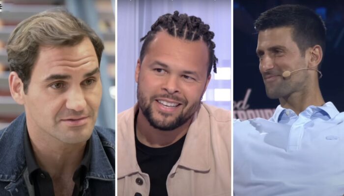 Le Français Jo-Wilfried Tsonga avec les légendes Roger Federer et Novak Djokovic