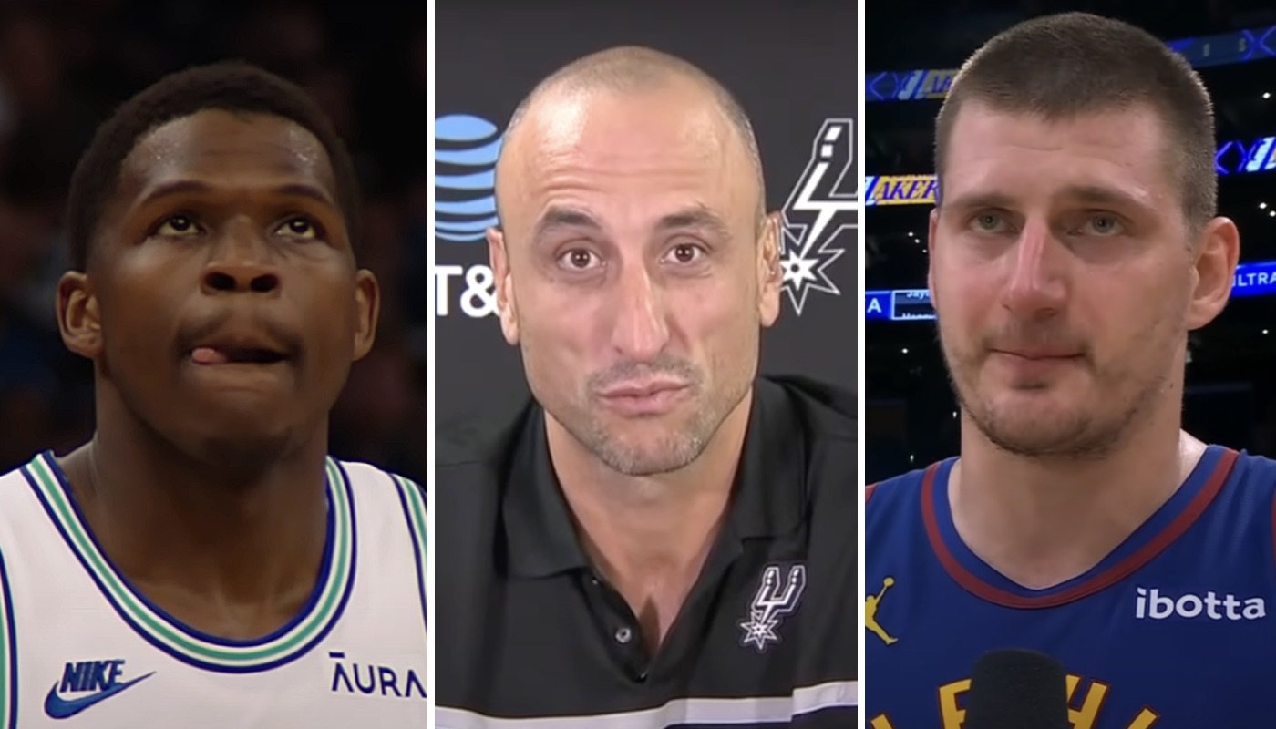Les stars NBA Anthony Edwards (gauche) et Nikola Jokic (droite) ainsi que la légende des San Antonio Spurs, Manu Ginobili (droite)
