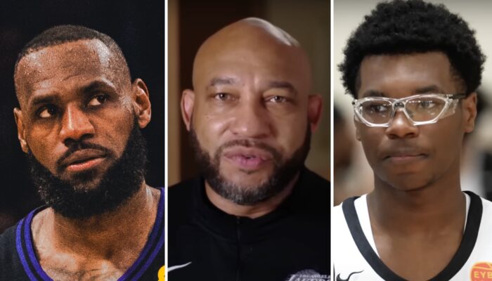 La superstar NBA LeBron James (gauche), l'entraineur des Los Angeles Lakers, Darvin Ham (centre) et le prospect lycéen Bryce James (droite)