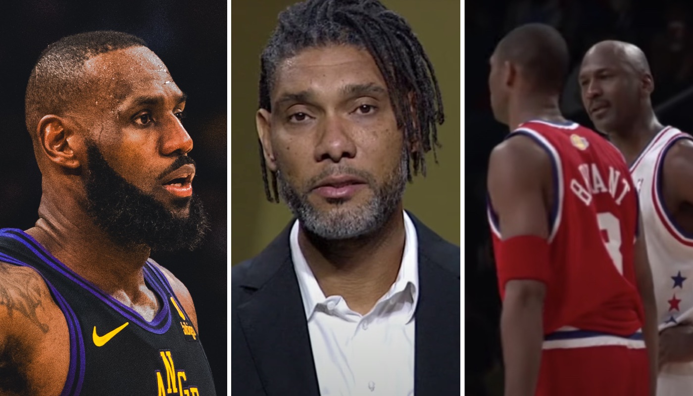 Les légendes NBA LeBron James (gauche), Tim Duncan (centre), Kobe Bryant et Michael Jordan (droite)