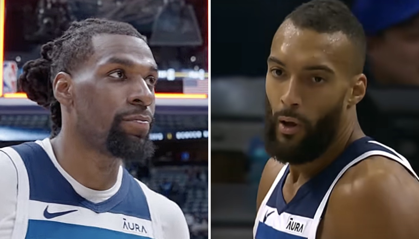 Les joueurs NBA des Minnesota Timberwolves, Naz Reid (gauche) et Rudy Gobert (droite)