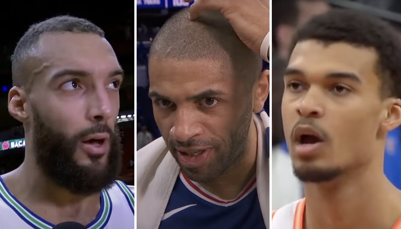 Les joueurs NBA français Rudy Gobert (gauche), Nicolas Batum (centre) et Victor Wembanyama (droite)