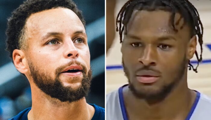La superstar des Golden State Warriors, Stephen Curry (gauche) et le prospect NBA Bronny James (droite)