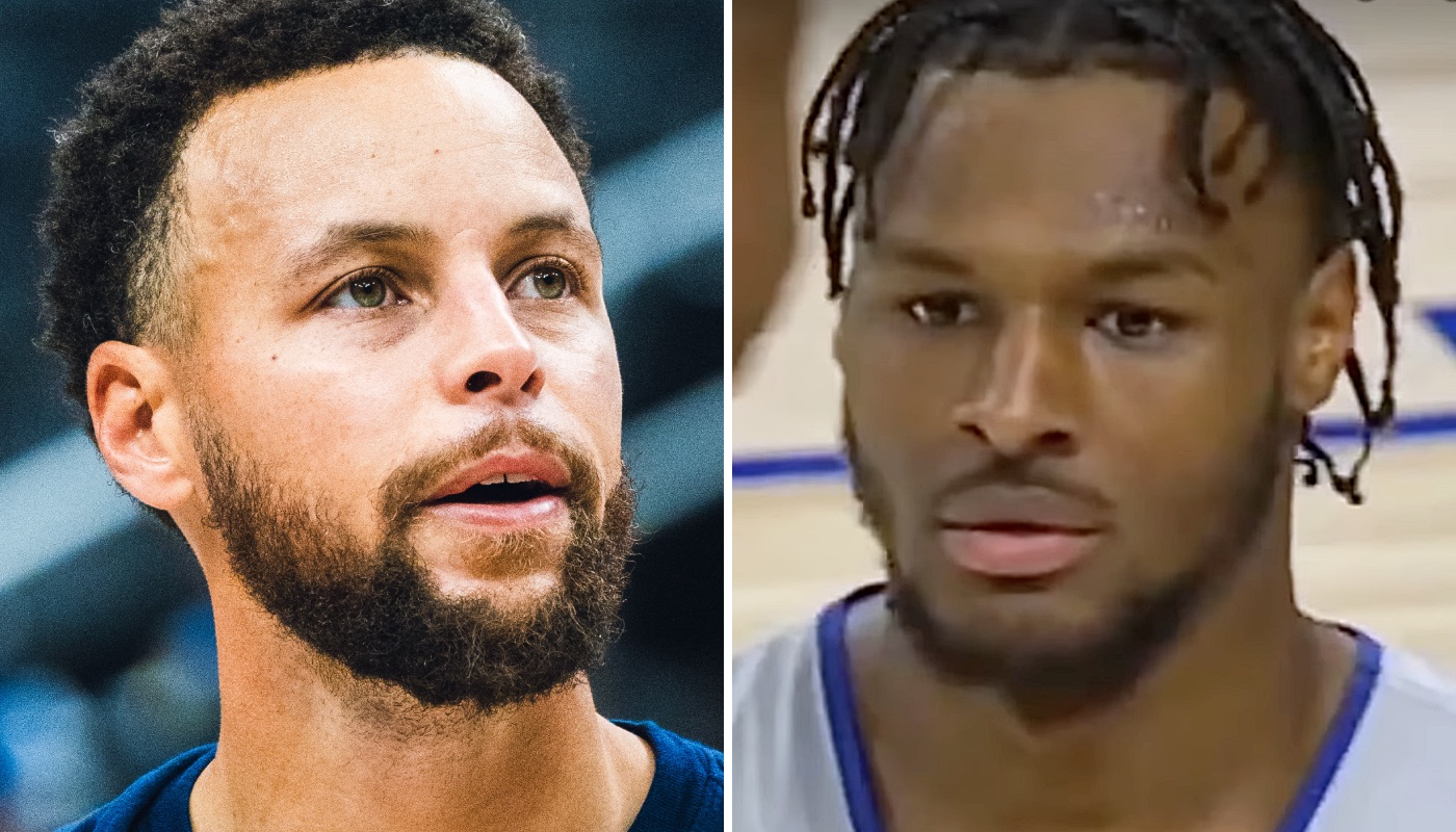 La superstar des Golden State Warriors, Stephen Curry (gauche) et le prospect NBA Bronny James (droite)