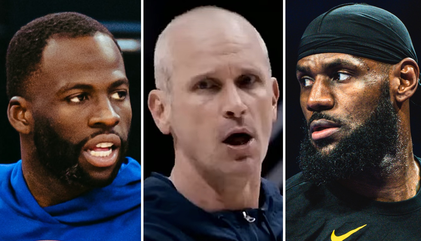 Les stars NBA Draymond Green (gauche) et LeBron James (droite) et l'entraineur NCAA Dan Hurley (centre)