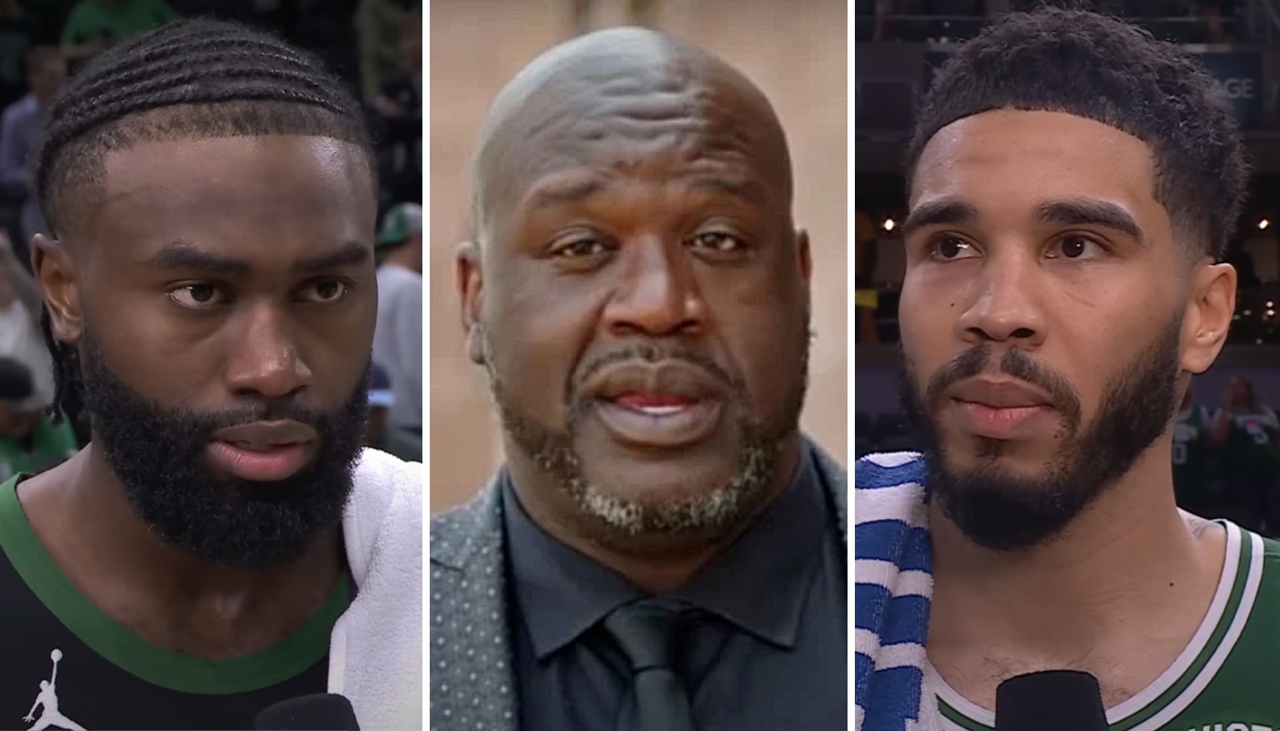 Les stars NBA Jaylen Brown (gauche), Shaquille O'Neal (centre) et Jayson Tatum (droite)