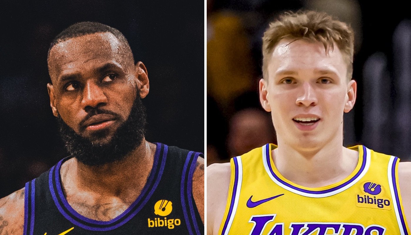 La superstar NBA des Los Angeles Lakers, LeBron James, et son nouveau coéquipier Dalton Knecht (droite)