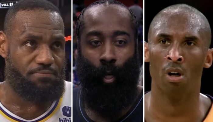 Les figures NBA LeBron James (gauche), James Harden (centre) et Kobe Bryant (droite)