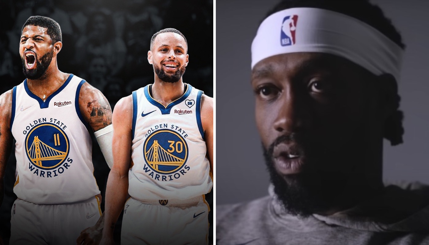 Les stars NBA Paul George et Stephen Curry sous les couleurs des Warriors (gauche) et le meneur des Bucks Patrick Beverley (droite)