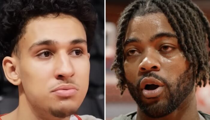 Le nouveau joueur NBA français Zaccharie Risacher (gauche) et l'ancien de la ligue Frank Mason III (droite)