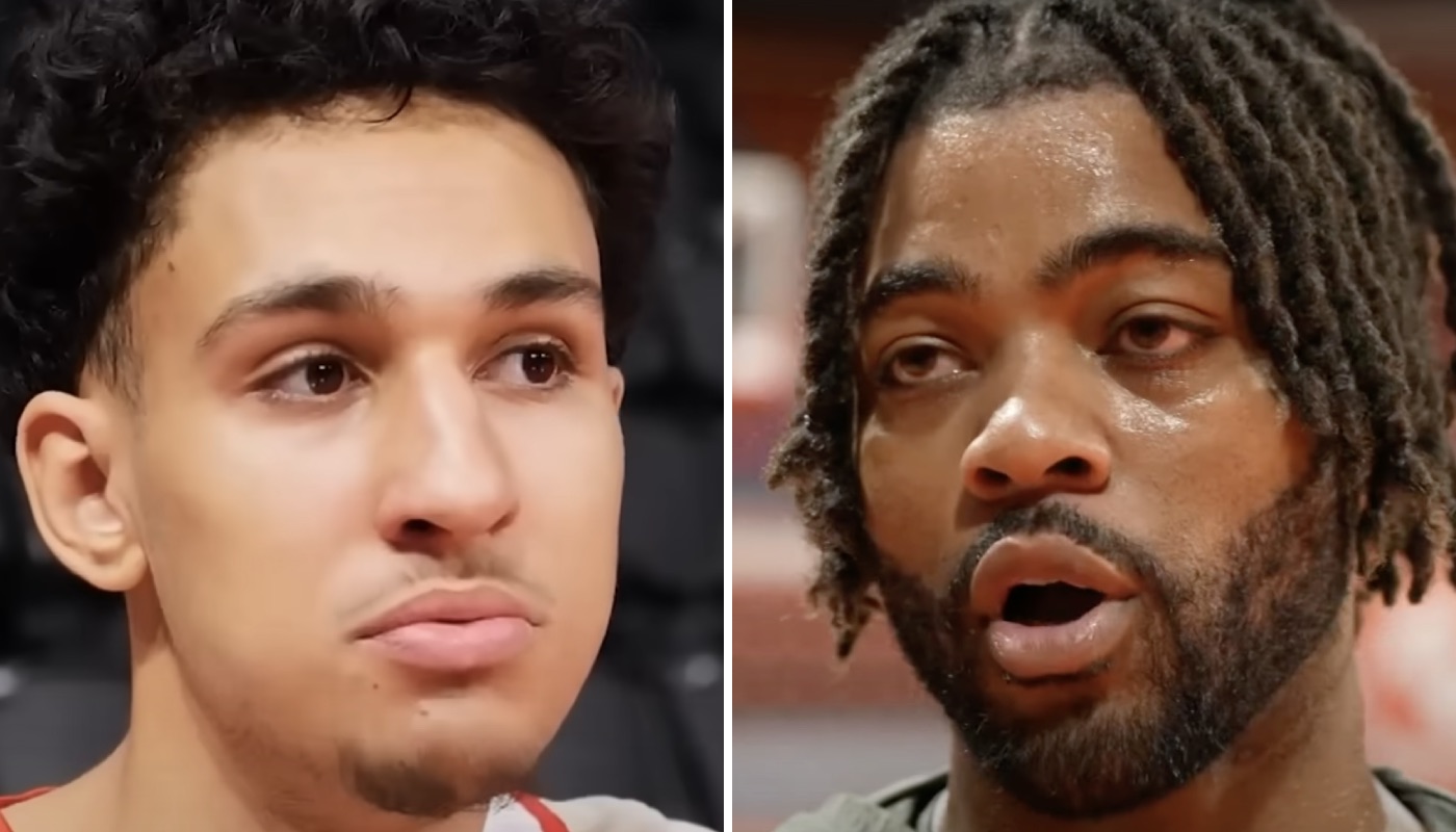 Le nouveau joueur NBA français Zaccharie Risacher (gauche) et l'ancien de la ligue Frank Mason III (droite)