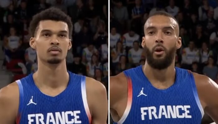 Les intérieurs français Victor Wembanyama (gauche) et Rudy Gobert (droite)
