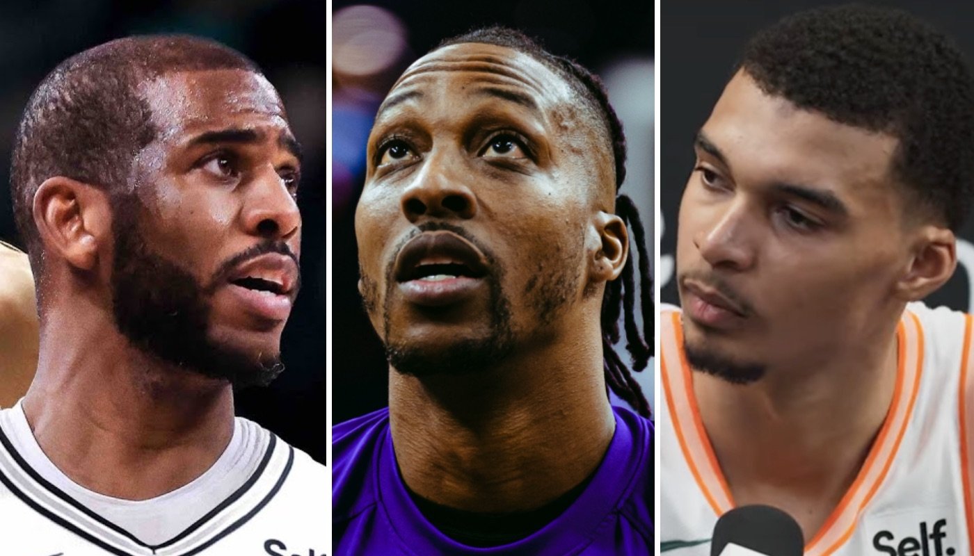 Les joueurs NBA des San Antonio Spurs, Chris Paul (gauche) et Victor Wembanyama (droite) et le pivot Dwight Howard (centre)