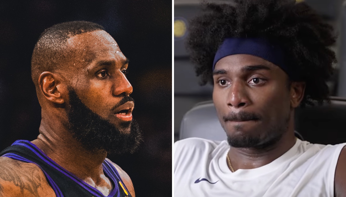 La star NBA des Los Angeles Lakers, LeBron James (gauche) et son nouveau coéquipier, Blake Hinson (droite)