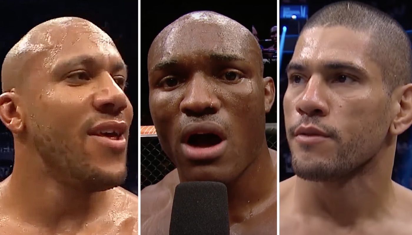 Les combattants UFC Ciryl Gane (gauche), Kamaru Usman (centre) et Alex Pereira (droite)