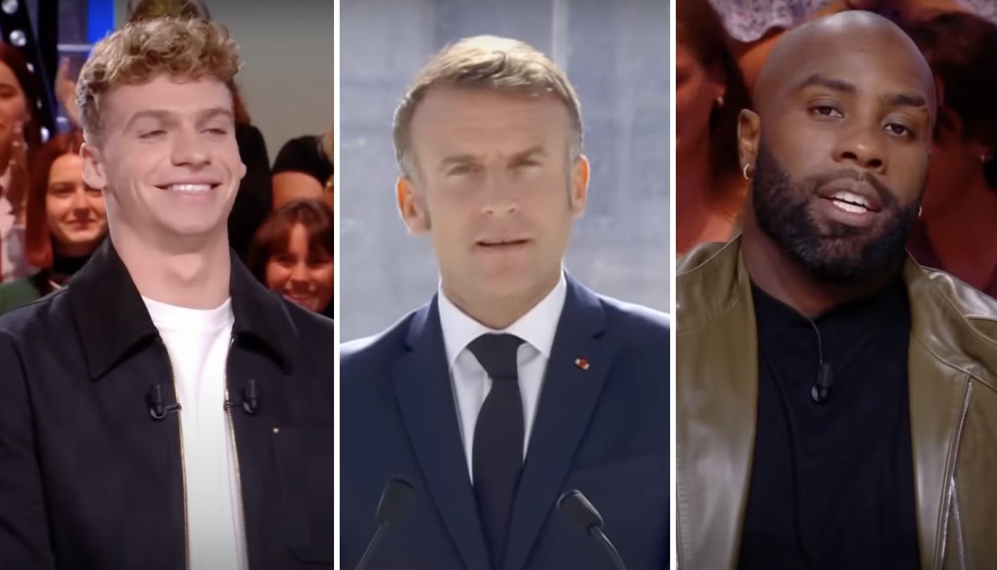 Le Président Emmanuel Macron avec Léon Marchand et Teddy Riner