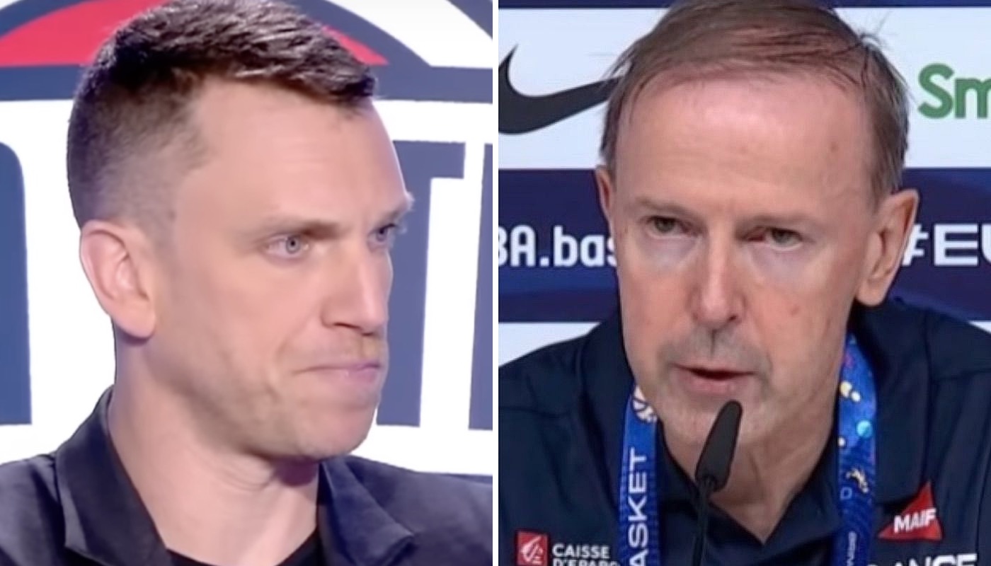 Le journaliste français Rémi Reverchon (gauche) et l'ex-sélectionneur des Bleus Vincent Collet (droite)