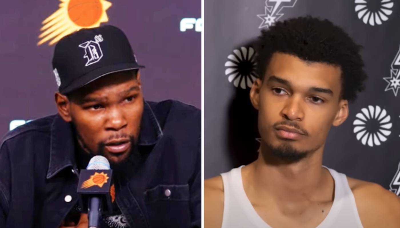 Kevin Durant and Victor Wembanyama at a press conference