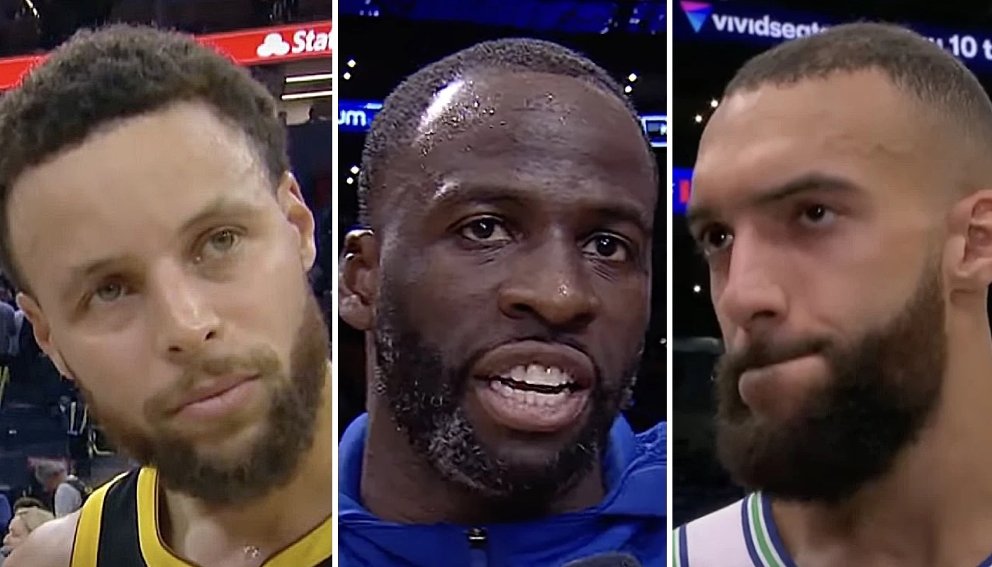Les stars NBA Stephen Curry (gauche), Draymond Green (centre) et Rudy Gobert (droite)