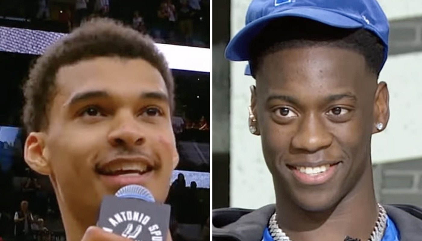 La star NBA française des San Antonio Spurs, Victor Wembanyama (gauche) et le prospect américain AJ Dybantsa (droite)
