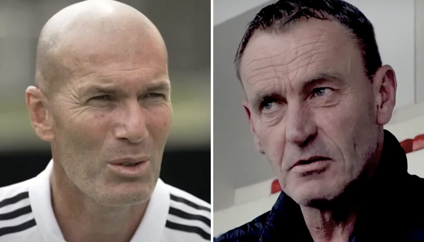 Les anciens joueurs de l'équipe de France, Stéphane Guivarc'h (gauche) et Zinédine Zidane (droite)