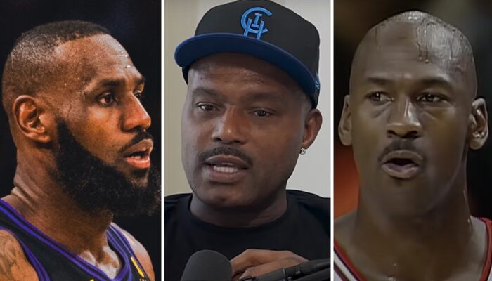 Les légendes de la NBA LeBron James (gauche), Tim Hardaway Sr. (centre) et Michael Jordan (droite)