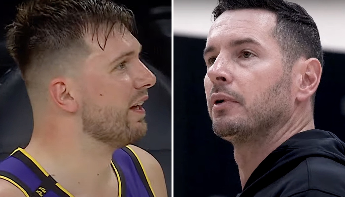 The star NBA Luka Doncic (left) and the coach of the Los Angeles Lakers, JJ Redick (right)